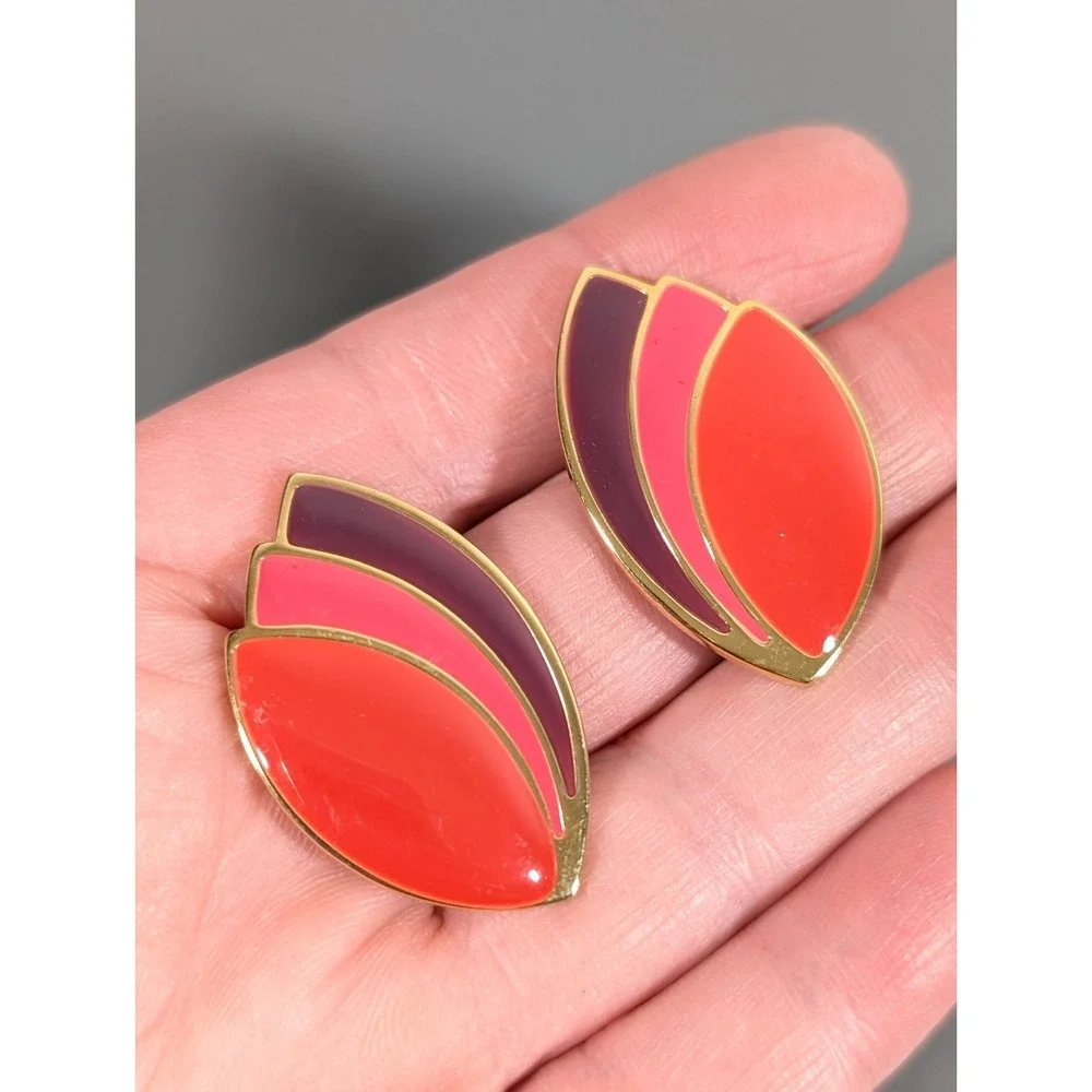 Bold Ombre Leaf Drop Earrings Pink Red Purple Enamel Retro‎ Statement
